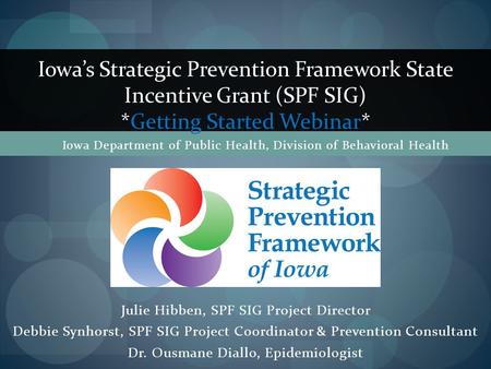 Julie Hibben, SPF SIG Project Director Debbie Synhorst, SPF SIG Project Coordinator & Prevention Consultant Dr. Ousmane Diallo, Epidemiologist Iowa’s Strategic.