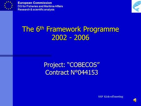 European Commission DG for Fisheries and Maritime Affairs Research & scientific analysis SSP Kick-off meeting The 6 th Framework Programme 2002 - 2006.