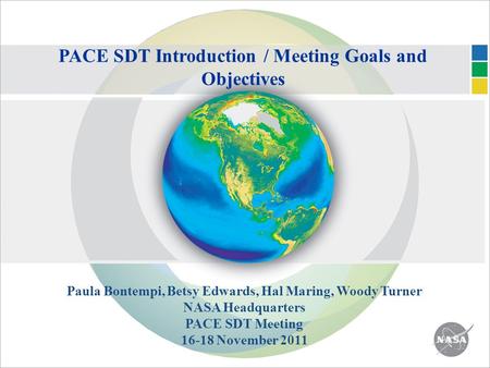 PACE SDT Introduction / Meeting Goals and Objectives Paula Bontempi, Betsy Edwards, Hal Maring, Woody Turner NASA Headquarters PACE SDT Meeting 16-18 November.