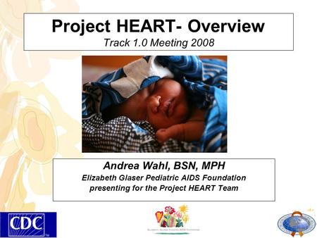 Project HEART- Overview Track 1.0 Meeting 2008 Andrea Wahl, BSN, MPH Elizabeth Glaser Pediatric AIDS Foundation presenting for the Project HEART Team.