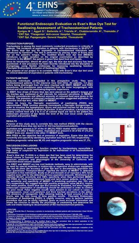 Functional Endoscopic Evaluation vs Evan’s Blue Dye Test for Swallowing Assessment of Tracheostomised Patients Kynigou M. 1, Aggeli D. 1, Stefanidis A.