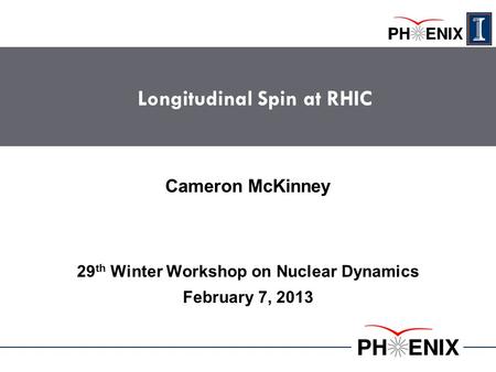 Longitudinal Spin at RHIC 29 th Winter Workshop on Nuclear Dynamics February 7, 2013 Cameron McKinney.