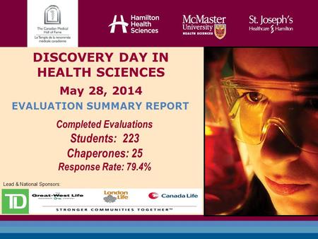 DISCOVERY DAY IN HEALTH SCIENCES May 28, 2014 EVALUATION SUMMARY REPORT Completed Evaluations Students: 223 Chaperones: 25 Response Rate: 79.4% Lead &