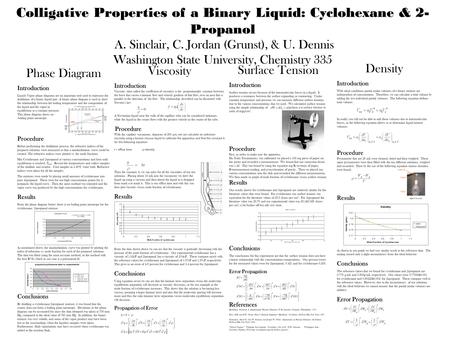 Colligative Properties of a Binary Liquid: Cyclohexane & 2- Propanol A. Sinclair, C. Jordan (Grunst), & U. Dennis Washington State University, Chemistry.