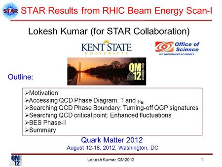 STAR Results from RHIC Beam Energy Scan-I Lokesh Kumar (for STAR Collaboration) Outline:  Motivation  Accessing QCD Phase Diagram: T and  B  Searching.