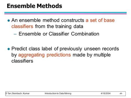 Ensemble Methods An ensemble method constructs a set of base classifiers from the training data Ensemble or Classifier Combination Predict class label.