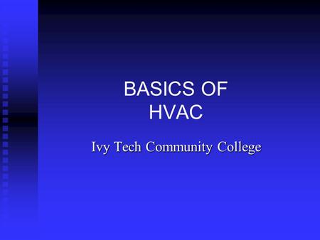 BASICS OF HVAC Ivy Tech Community College. Definitions – Page 862 HVAC systems are made up of the mechanical equipment such as the furnace, air conditioner,