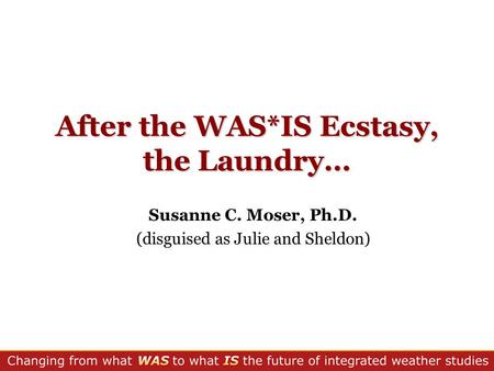After the WAS*IS Ecstasy, the Laundry… Susanne C. Moser, Ph.D. (disguised as Julie and Sheldon)