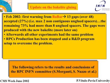 Update on the bakelite gluing Feb 2002: first warning from BaBar  13 gaps (over 48) accepted (27%) (i.e. max 2 non contiguous unglued spacers)…the remaining.