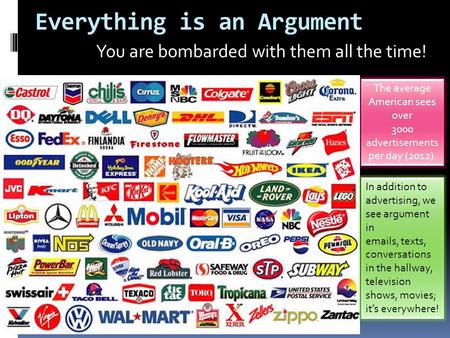 Everything is an Argument You are bombarded with them all the time! The average American sees over 3000 advertisements per day (2012). In addition to advertising,
