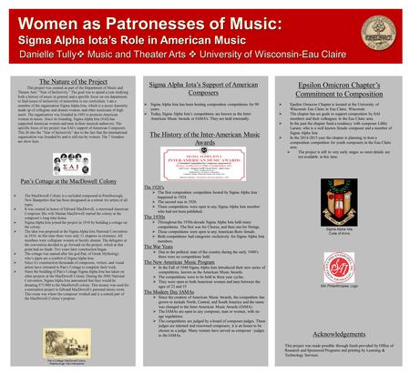Danielle Tully  Music and Theater Arts  University of Wisconsin-Eau Claire Women as Patronesses of Music: Sigma Alpha Iota’s Role in American Music Women.
