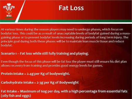 Fat Loss At various times during the season players may need to undergo phases, which focus on bodyfat loss. This could be as a result of unacceptable.