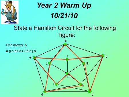 B cd a e f g h i j k One answer is; a-g-c-b-f-e-i-k-h-d-j-a Year 2 Warm Up 10/21/10 State a Hamilton Circuit for the following figure: