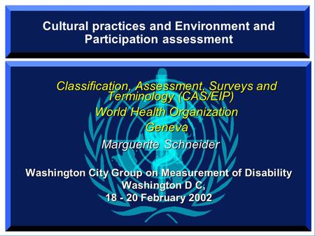 Cultural practices and Environment and Participation assessment Classification, Assessment, Surveys and Terminology (CAS/EIP) World Health Organization.