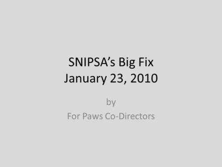 SNIPSA’s Big Fix January 23, 2010 by For Paws Co-Directors.