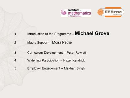 1Introduction to the Programme – Michael Grove 2Maths Support – Moira Petrie 3Curriculum Development – Peter Rowlett 4Widening Participation – Hazel Kendrick.