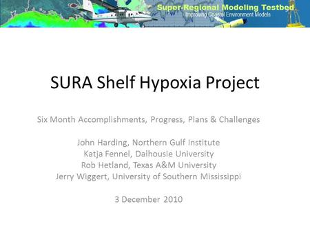 SURA Shelf Hypoxia Project Six Month Accomplishments, Progress, Plans & Challenges John Harding, Northern Gulf Institute Katja Fennel, Dalhousie University.