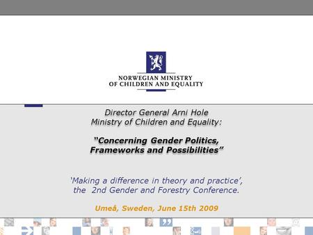 Director General Arni Hole Ministry of Children and Equality: “Concerning Gender Politics, Frameworks and Possibilities” ‘Making a difference in theory.