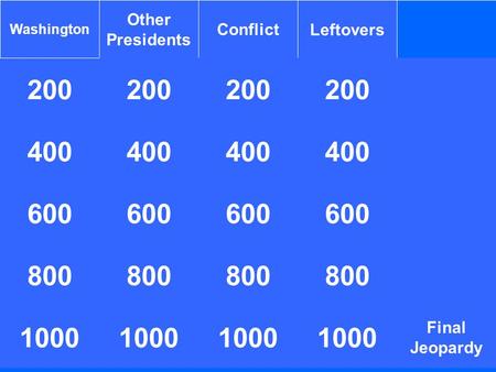 200 Washington Other Presidents ConflictLeftovers 200 400 1000 400 600 800 1000 800 1000 400 Final Jeopardy 800 1000.