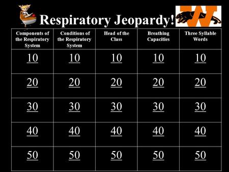 Respiratory Jeopardy! Components of the Respiratory System Conditions of the Respiratory System Head of the Class Breathing Capacities Three Syllable Words.