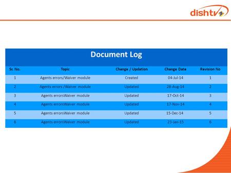 Document Log Sr. No.TopicChange / UpdationChange DateRevision No 1Agents errors/Waiver moduleCreated04-Jul-141 2Agents errors /Waiver moduleUpdated28-Aug-142.