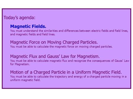 Today’s agenda: Magnetic Fields. You must understand the similarities and differences between electric fields and field lines, and magnetic fields and.
