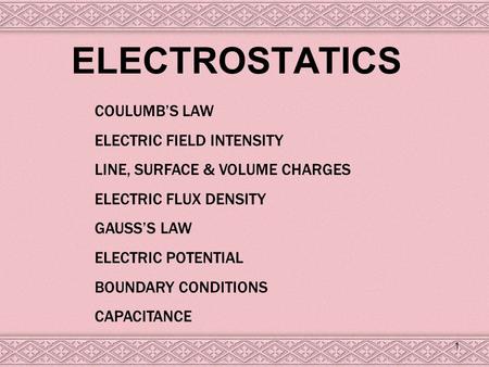 1 ELECTROSTATICS COULUMB’S LAW ELECTRIC FIELD INTENSITY LINE, SURFACE & VOLUME CHARGES ELECTRIC FLUX DENSITY GAUSS’S LAW ELECTRIC POTENTIAL BOUNDARY CONDITIONS.