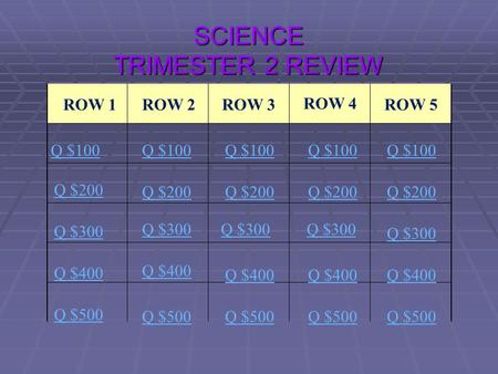 SCIENCE TRIMESTER 2 REVIEW ROW 1ROW 2ROW 3 ROW 4 ROW 5 Q $100 Q $200 Q $300 Q $400 Q $500 Q $100 Q $200 Q $300 Q $400 Q $500.