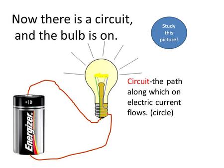Now there is a circuit, and the bulb is on. Circuit-the path along which on electric current flows. (circle) Study this picture!
