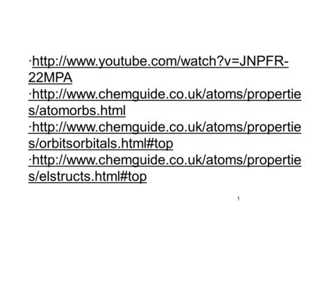 ·http://www.youtube.com/watch?v=JNPFR- 22MPA ·http://www.chemguide.co.uk/atoms/propertie s/atomorbs.html ·http://www.chemguide.co.uk/atoms/propertie s/orbitsorbitals.html#top.