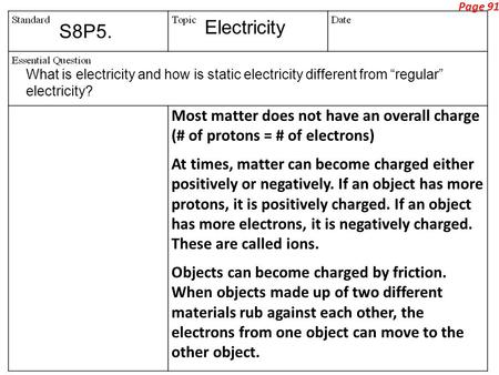 S8P5. Electricity What is electricity and how is static electricity different from “regular” electricity? Page 91 Most matter does not have an overall.