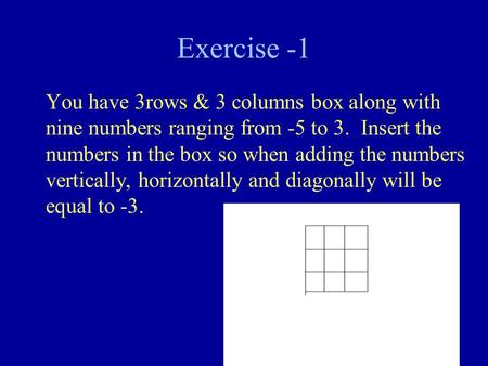 Exercise -1 You have 3rows & 3 columns box along with nine numbers ranging from -5 to 3. Insert the numbers in the box so when adding the numbers vertically,