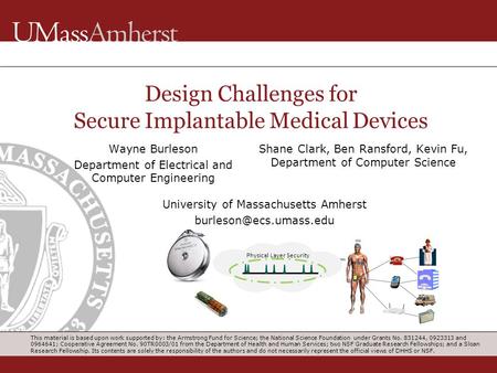 Design Challenges for Secure Implantable Medical Devices Wayne Burleson Department of Electrical and Computer Engineering Shane Clark, Ben Ransford, Kevin.
