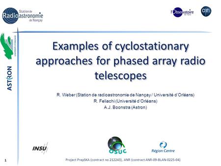 Examples of cyclostationary approaches for phased array radio telescopes R. Weber (Station de radioastronomie de Nançay / Université d’Orléans) R. Feliachi.