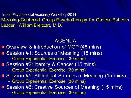 Israel Psychosocial Academy Workshop 2014: Meaning-Centered Group Psychotherapy for Cancer Patients Leader: William Breitbart, M.D. Israel Psychosocial.