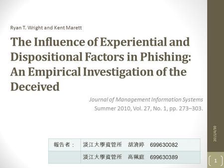 The Influence of Experiential and Dispositional Factors in Phishing: An Empirical Investigation of the Deceived Journal of Management Information Systems.