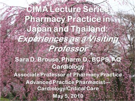 CIMA Lecture Series Pharmacy Practice in Japan and Thailand: Experiences as a Visiting Professor Sara D. Brouse, Pharm.D., BCPS, AQ Cardiology Associate.