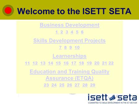 Welcome to the ISETT SETA Business Development Skills Development Projects Learnerships Education and Training Quality Assurance (ETQA) 1 1 2 3 4 5 623456.