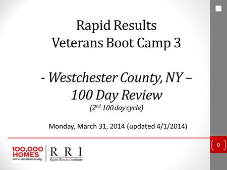 Rapid Results Veterans Boot Camp 3 - Westchester County, NY – 100 Day Review (2 nd 100 day cycle) Monday, March 31, 2014 (updated 4/1/2014) 0.