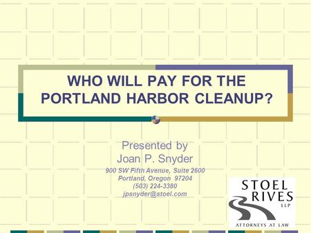 1 WHO WILL PAY FOR THE PORTLAND HARBOR CLEANUP? Presented by Joan P. Snyder 900 SW Fifth Avenue, Suite 2600 Portland, Oregon 97204 (503) 224-3380