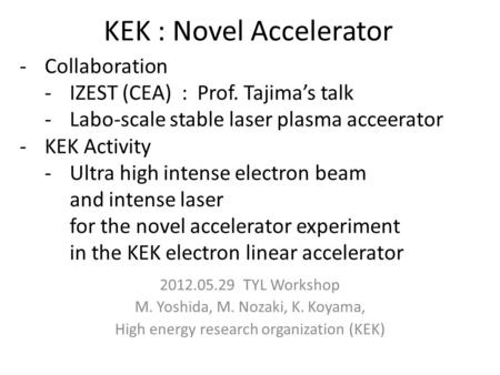 KEK : Novel Accelerator 2012.05.29 TYL Workshop M. Yoshida, M. Nozaki, K. Koyama, High energy research organization (KEK) -Collaboration -IZEST (CEA) :