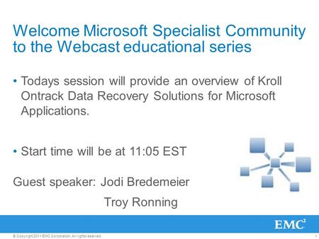 1© Copyright 2011 EMC Corporation. All rights reserved. Welcome Microsoft Specialist Community to the Webcast educational series Todays session will provide.