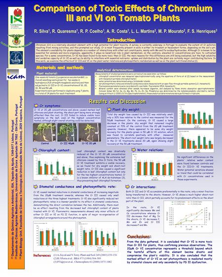 Comparison of Toxic Effects of Chromium III and VI on Tomato Plants R. Silva 1, R. Quaresma 1, R. P. Coelho 1, A. R. Costa 1, L. L. Martins 2, M. P. Mourato.