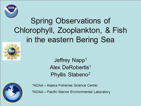 Spring Observations of Chlorophyll, Zooplankton, & Fish in the eastern Bering Sea Jeffrey Napp 1 Alex DeRobertis 1 Phyllis Stabeno 2 1 NOAA – Alaska Fisheries.