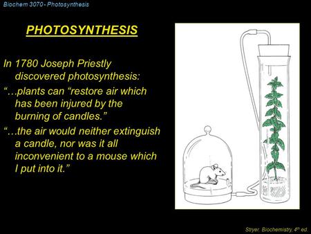 Biochem 3070 - Photosynthesis PHOTOSYNTHESIS In 1780 Joseph Priestly discovered photosynthesis: “…plants can “restore air which has been injured by the.