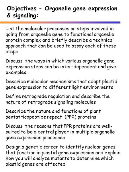 List the molecular processes or steps involved in going from organelle gene to functional organelle protein complex and briefly describe a technical approach.