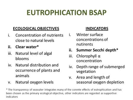 EUTROPHICATION BSAP ECOLOGICAL OBJECTIVES i.Concentration of nutrients close to natural levels ii.Clear water* iii.Natural level of algal blooms iv.Natural.