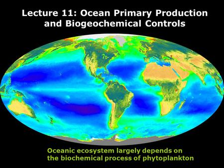 Lecture 11: Ocean Primary Production and Biogeochemical Controls Oceanic ecosystem largely depends on the biochemical process of phytoplankton.