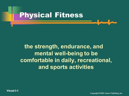 Copyright © 2002 Career Publishing, Inc. Visual 3-1 Physical Fitness the strength, endurance, and mental well-being to be comfortable in daily, recreational,