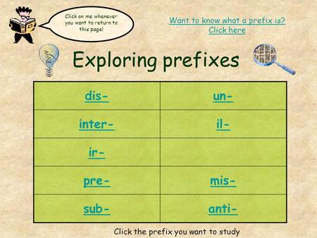 Exploring prefixes dis-un- inter-il- ir- pre-mis- sub-anti- Click on me whenever you want to return to this page! Want to know what a prefix is? Click.